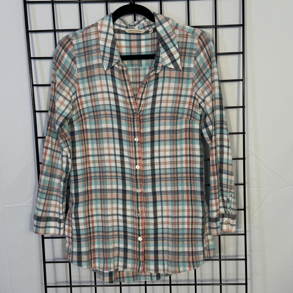 Soft Surroundings Emerson Flannel Tunic Shirt Womens Medium Coral Gorpcore Fall